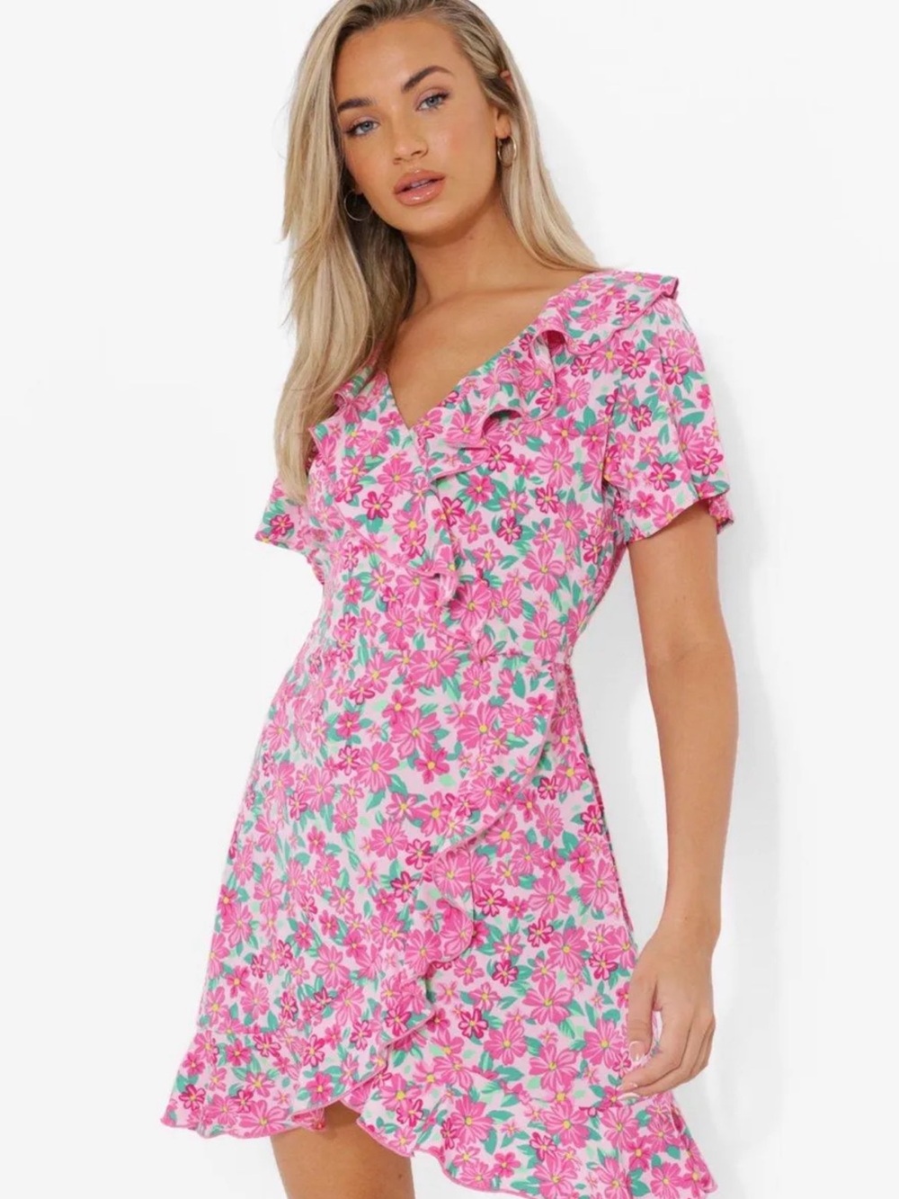 Pink Floral Ruffle Mini Dress